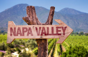 Napa Valley wooden arrow sign in front of vineyard