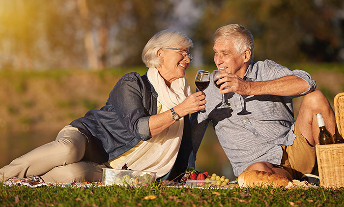 couple sitting on grass with picnic and red wine