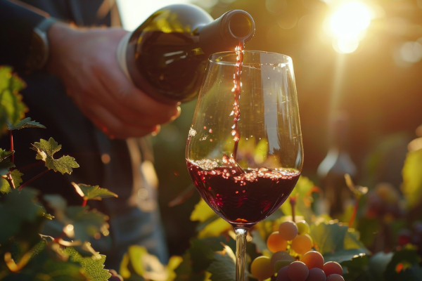 pouring red wine into glass at sunset