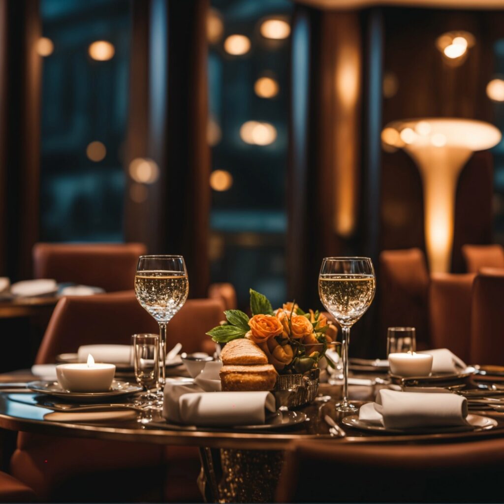 indoor restaurant, wine glasses and plates