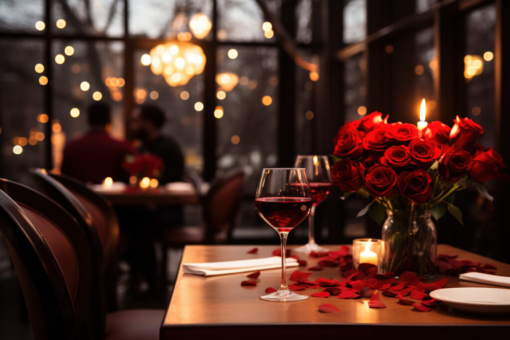 romantic dinner with flowers at a restaurant